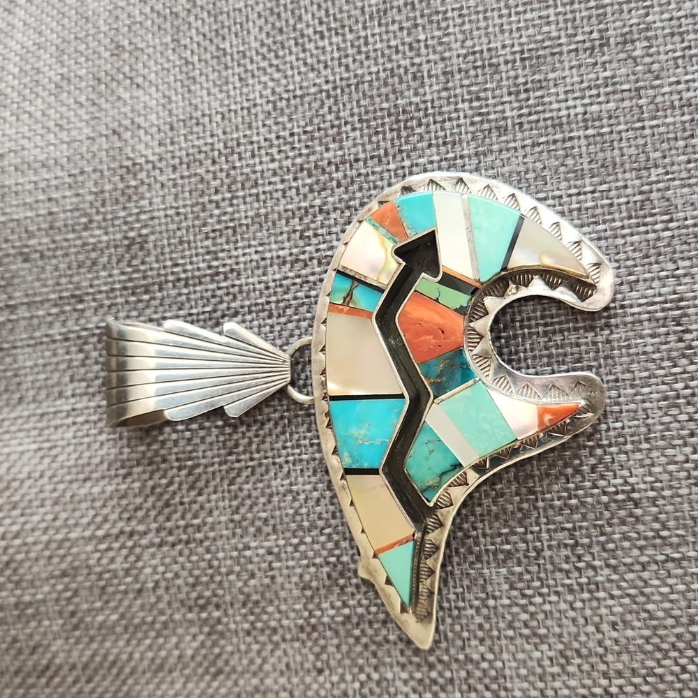 Vintage Native American Navajo Vintage Inlaid Bear Pendant by Danny Clark 💙🐻 - Picture 11 of 13